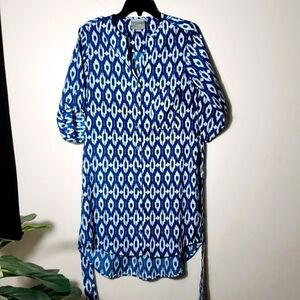 Maeve cateye print shirt dress, waist tie, button front, women's size XS.